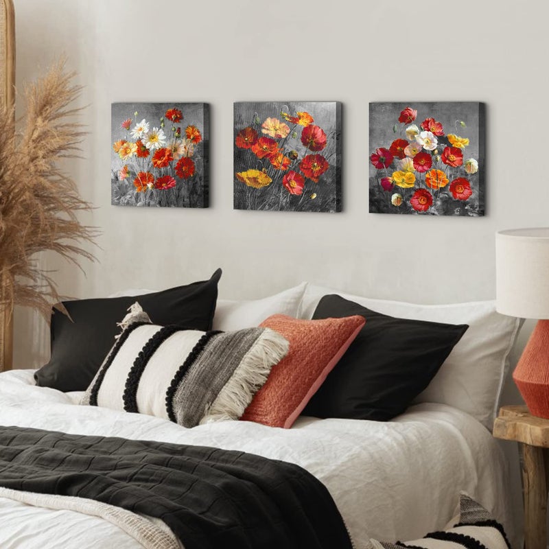 sunfrower 3 Piece Poppy Wall Art Burnt Orange Flower Pictures Wall Decor Bedroom Wildflower Paintings Daisy Poppies Posters Canvas Prints Black and Grey Botanical Artwork for Living Room Home Decorations 12x12" - Image 3